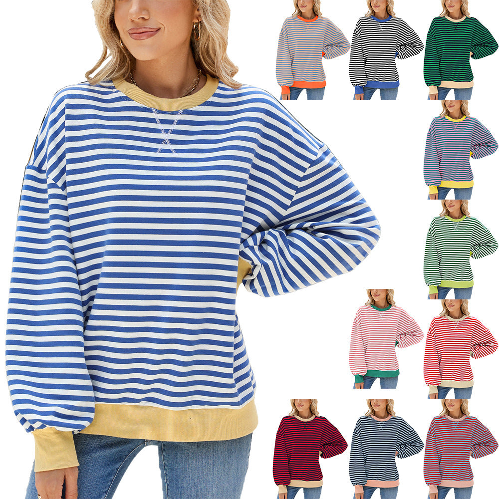 Kvinder Stribet Rund Hals Kontrastfarve Løs Langærmet Sweatshirt