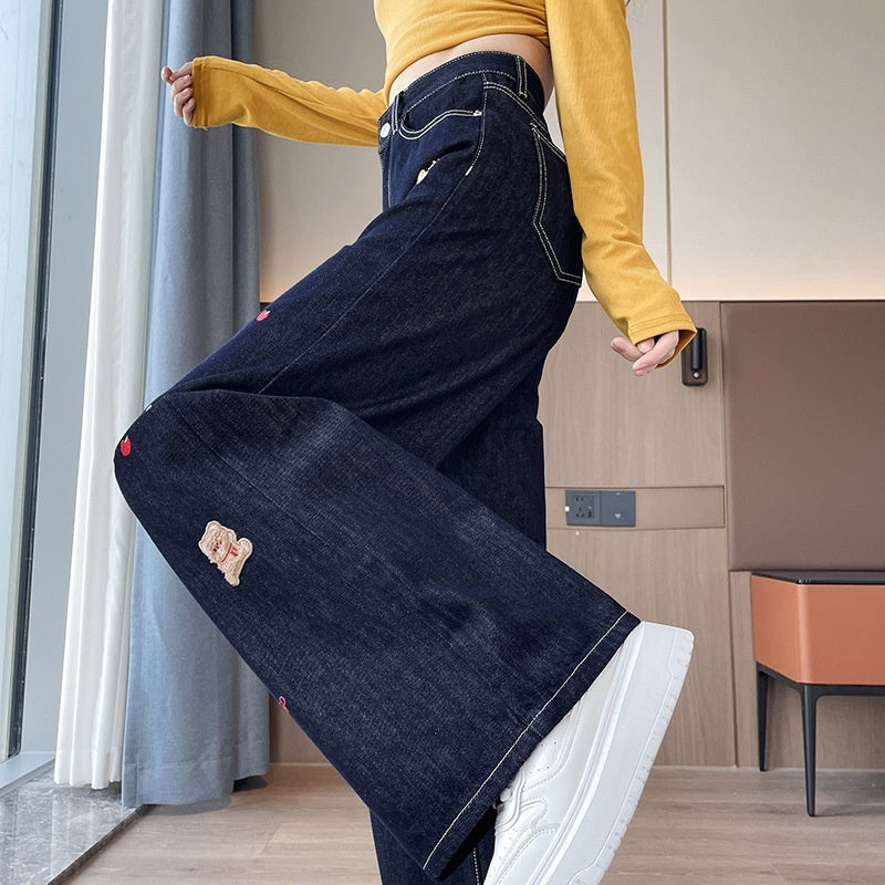 FallWinter Cartoon Embroidered Wide-Leg Straight Jeans