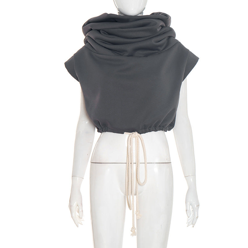 Womens Casual Oversized Collar Sleeveless Drawstring Hooded Sweatshirt
