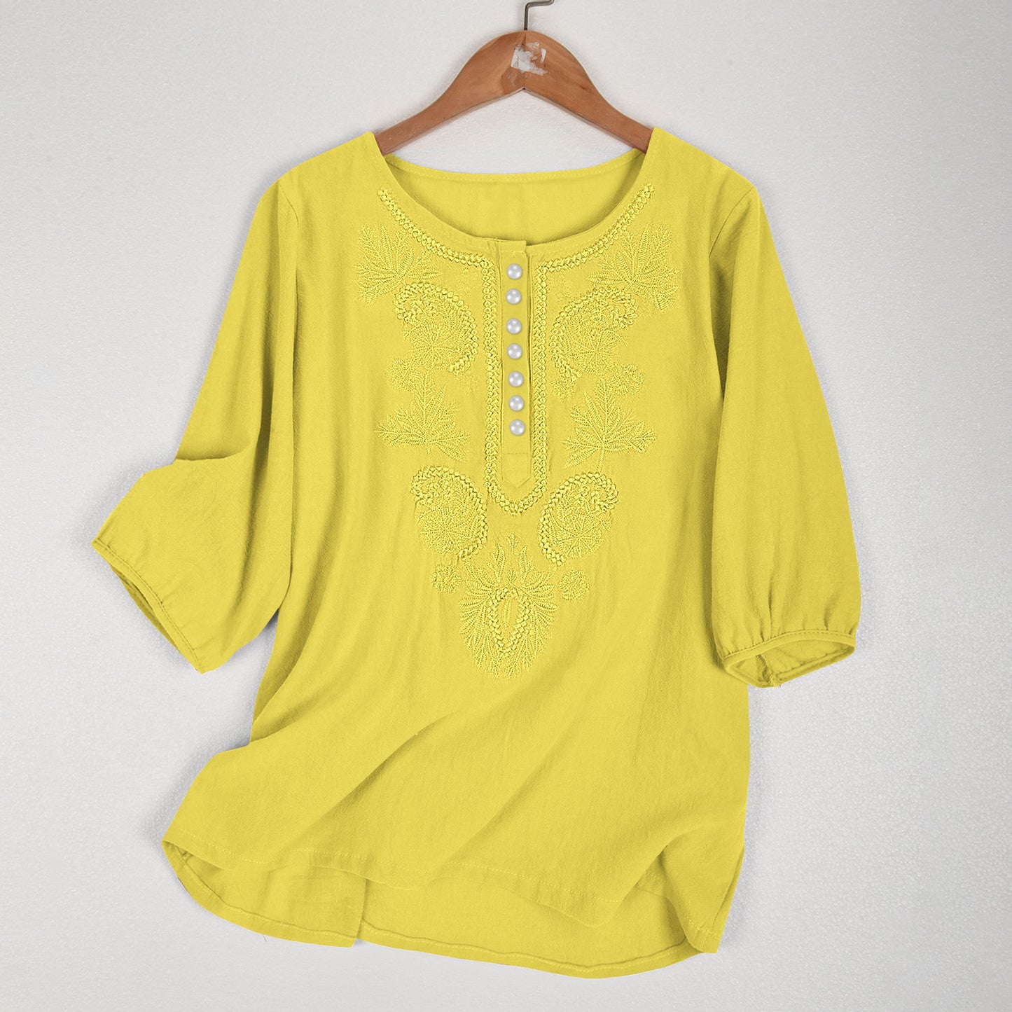 Artistic Retro Loose Design Embroidered Crew Neck Thin Cotton And Linen Women's Top