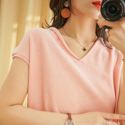 Womens Cotton-linen V-neck Short-sleeve T-shirt In Solid Colors