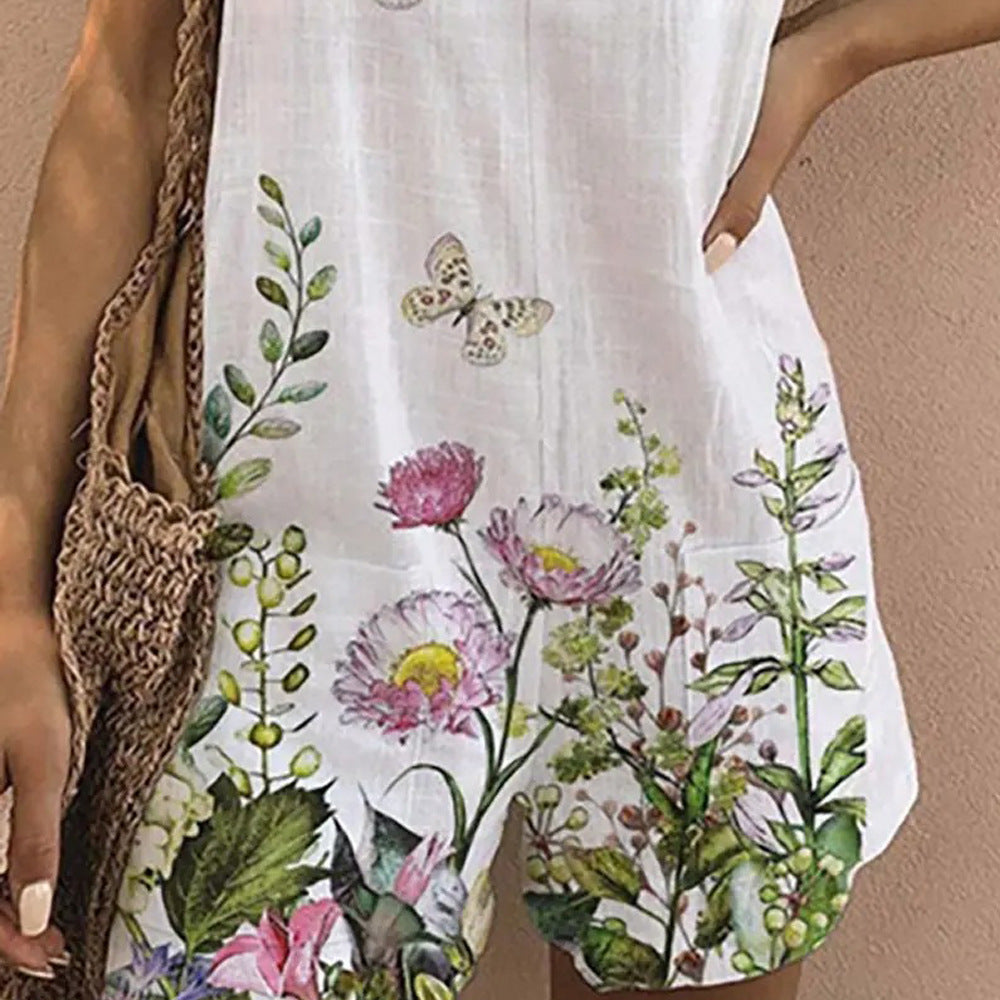 Women's Printed Crew Neck Sleeveless Casual Jumpsuit Shorts