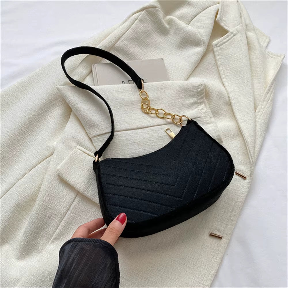 Women’s Retro Felt Underarm Bag - Solid Color Shoulder Bag, Casual Dumpling Crossbody Purse