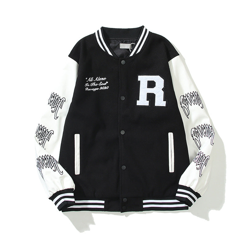 Men's And Women's Skull Embroidery Leather Sleeve Stitching Baseball Uniform Jacket