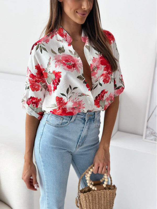 Loose Casual Print Shirt Half Collar Top