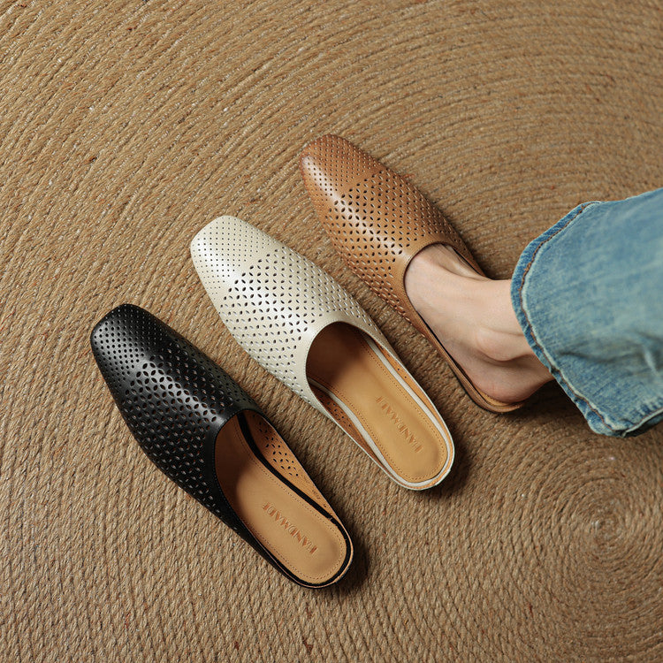 Womens Full-Grain Leather Closed-Toe Half Slippers