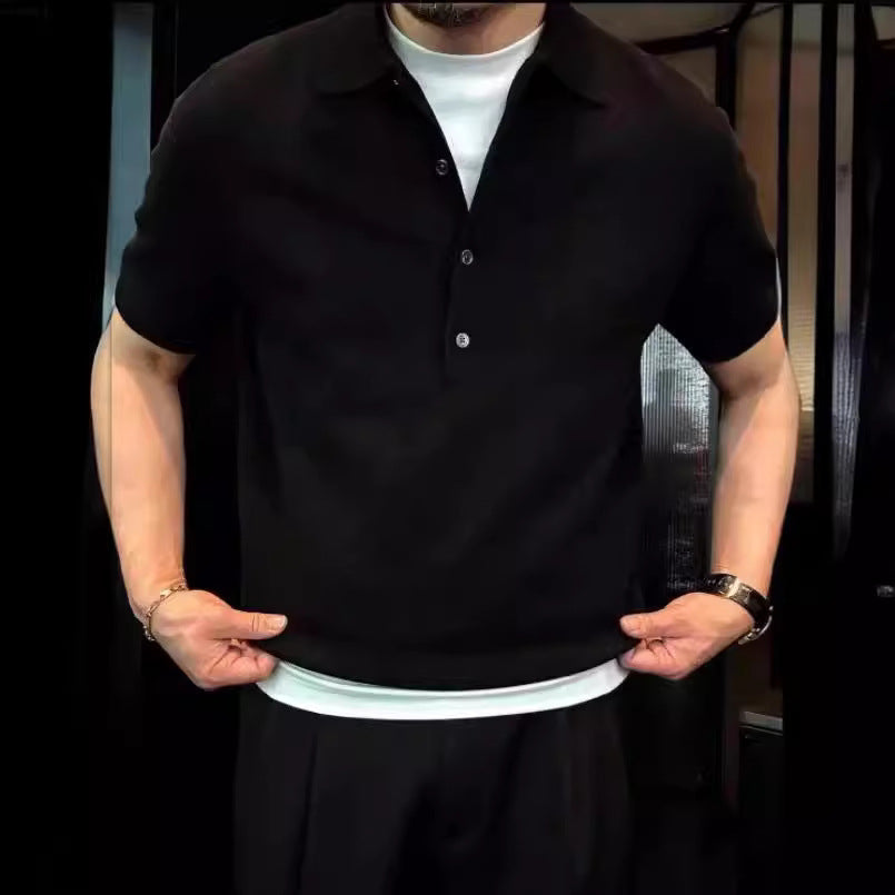 Solid Color Polo Collar Polo Shirt Men's Simple Style Slim Fit High Knitted Top
