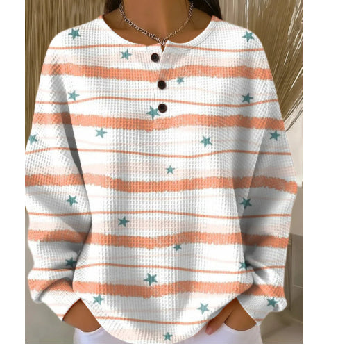 Womens Retro Printed Three-Button Stand-Up Collar Sweatshirt Top