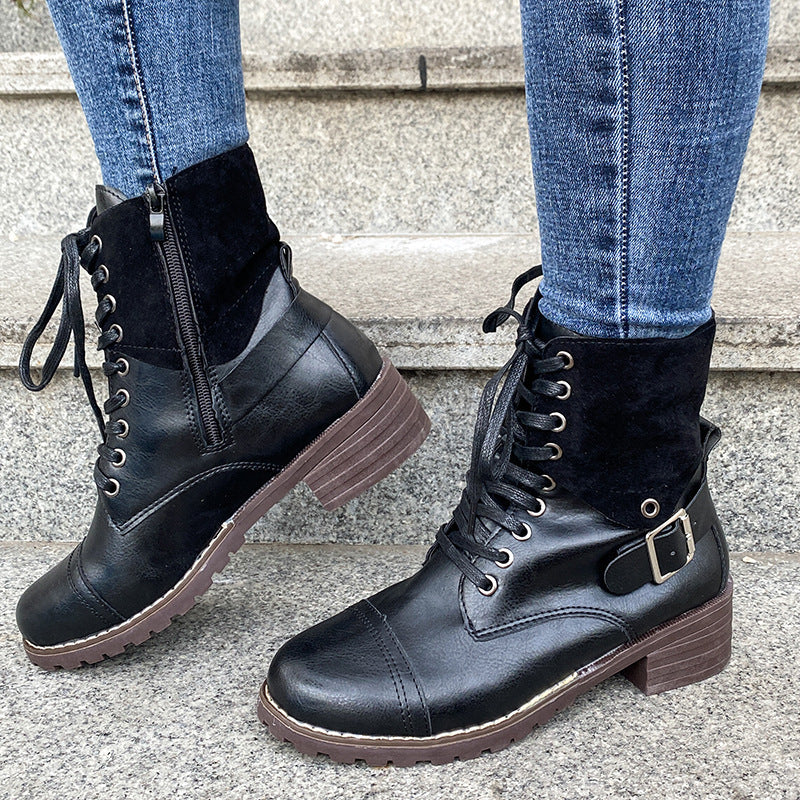 Couple Round Toe Martin Boots Chunky Heel Lace-up