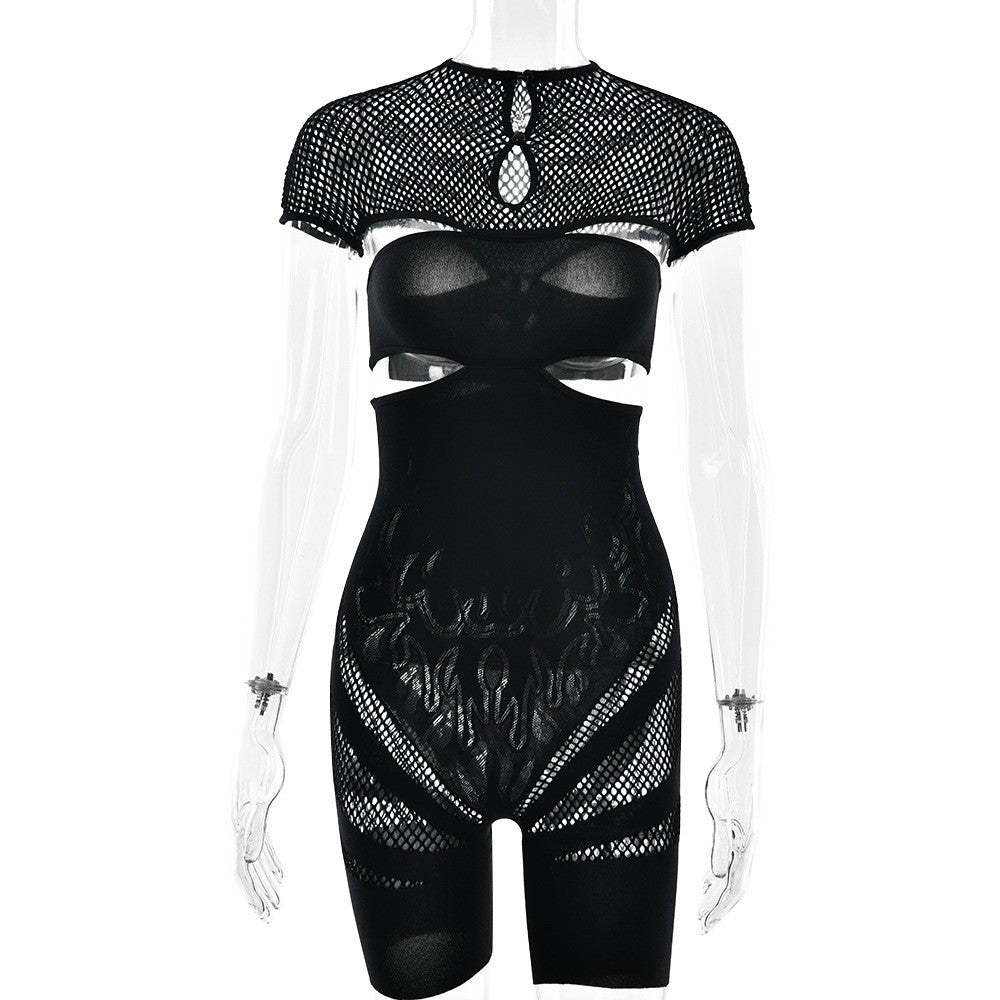Summer New Fashion Sexy Hot Girl Hollow Out See-through Solid Color Jumpsuit