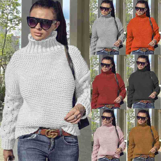 Loose Cable-knit Solid Color Turtleneck Sweater For Women