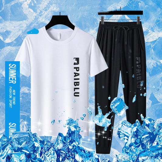 Men's Printed Quick-drying Ice Silk Short Sleeved Pants For Outerwear Sports Suit