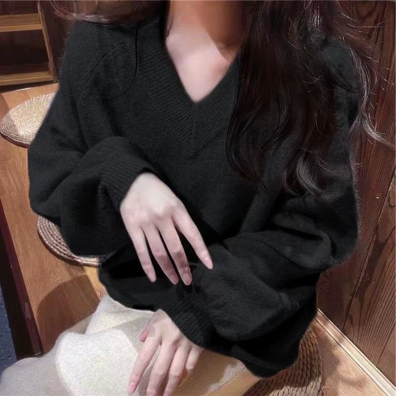 Female Pure Color All-matching Loose V-neck Sweater