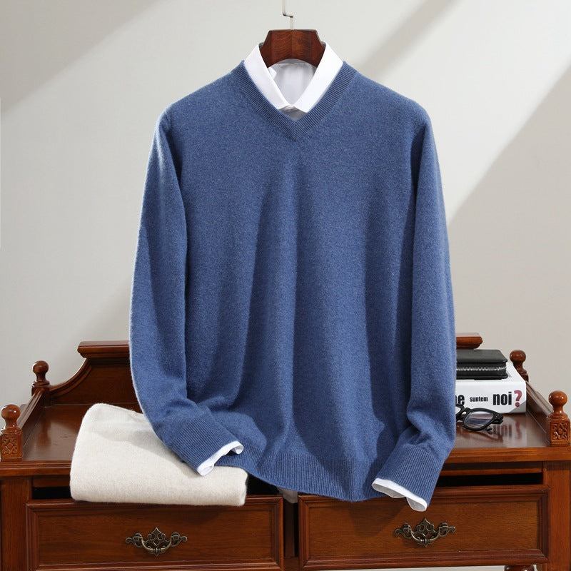 Langærmet strikket basis-sweater i ren cashmere til mænd