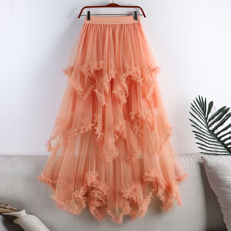 Women's High Waist Sweet Irregular Mesh Half-length Skirt