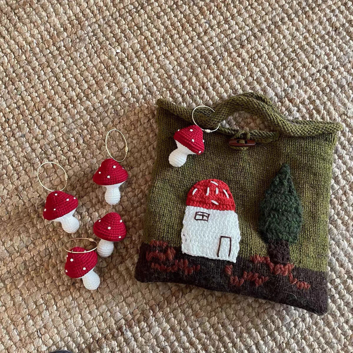 Mushroom House Handmade Wool Weave Vintage Cute Handbag Ladies