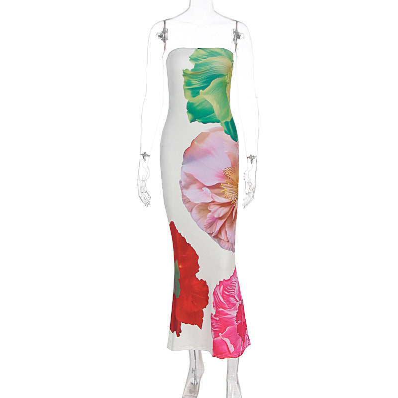 Womens Fashion Printed Tube Top Figure-hugging Hip-hugging Dress