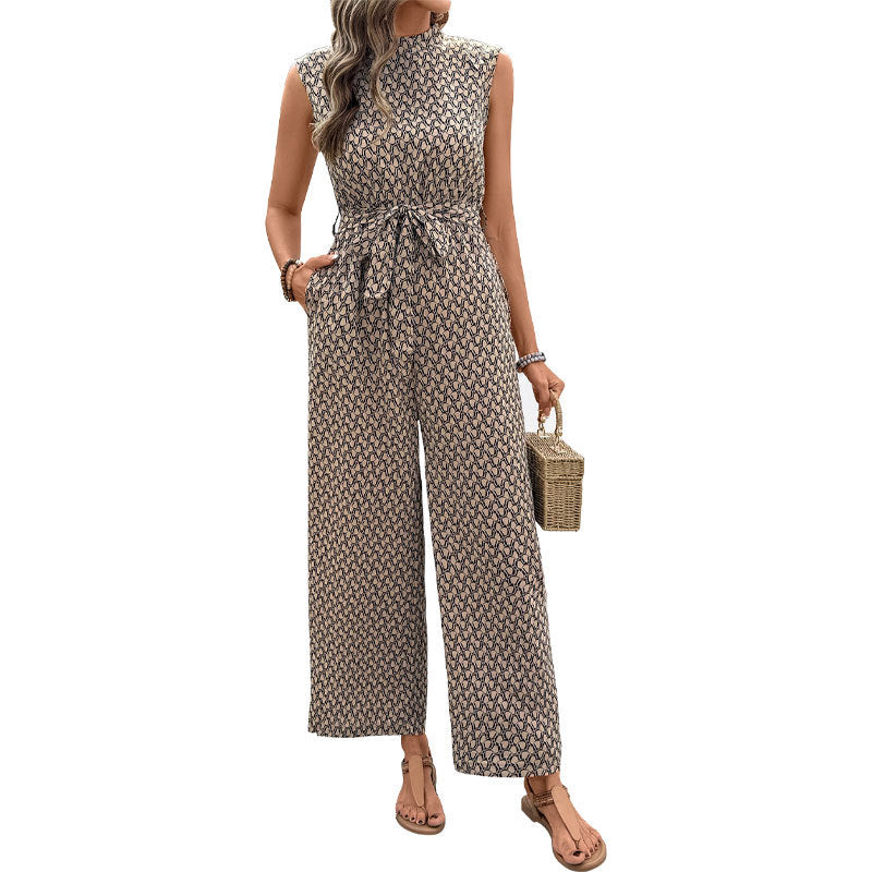 European And American Leisure Jumpsuit Cross-border Lace-up Sleeveless Geometric Print One-piece Trousers