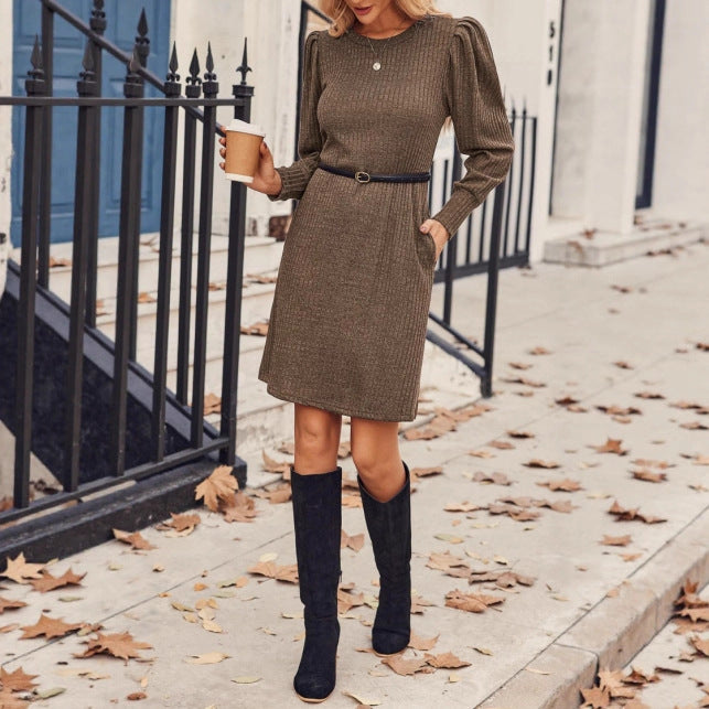 Womens Knitted Puffed-sleeve Long-sleeve Crew-neck Dress With Pockets