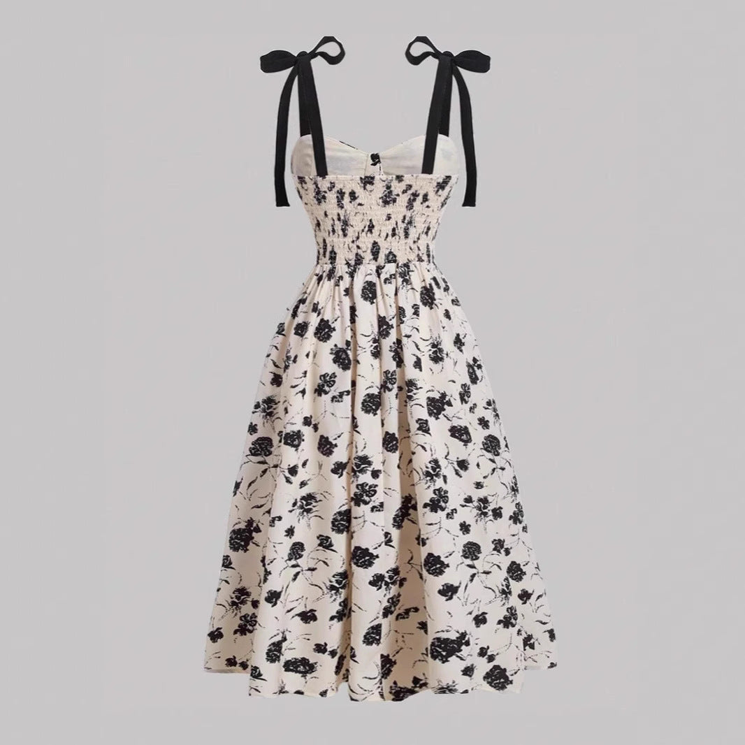 Elegant Lace-Up Shoulder With Floral Print Waist-Cinching Design Vacation-Ready Chic Casual Slip Dress