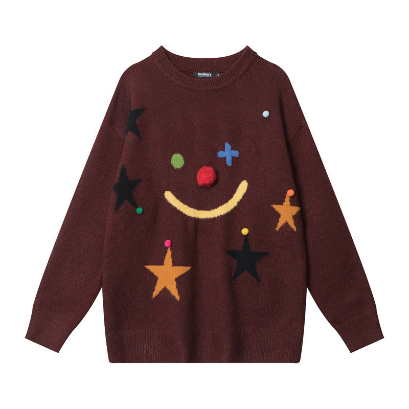 Autumn And Winter Smiley Star Jacquard Loose-fitting Idle Style Needle Sweater Women
