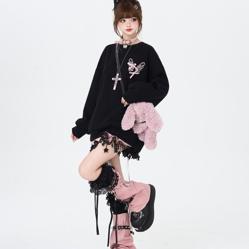 Sweet Cool Bow Bandage Heavy Industry Round Neck Loose Sweatshirt Autumn