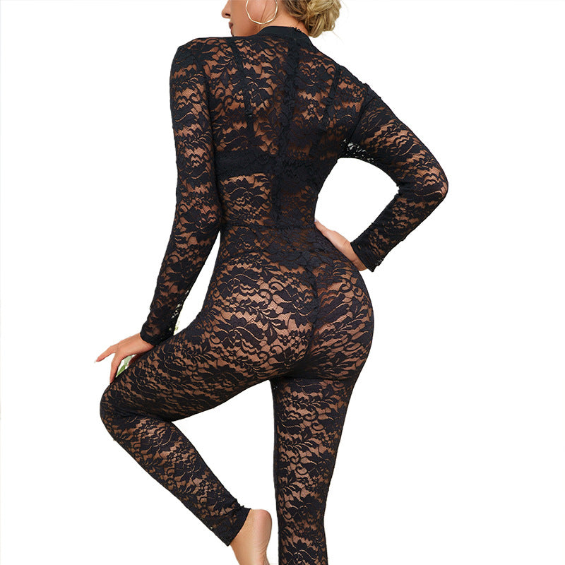 Lace Jacquard Hollow Out See-through Long Sleeve Temperament Jumpsuit