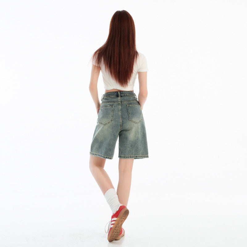 Womens Retro Blue High-Waisted Straight-Leg Cropped Denim Shorts