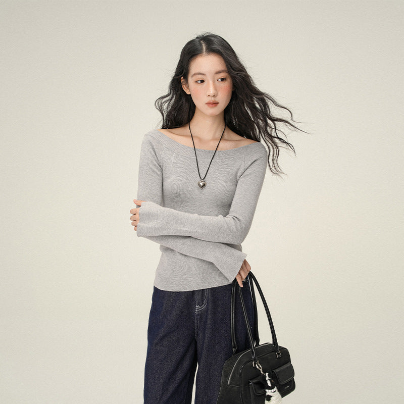 Pure Desire Oblique Angle Shoulder Soft Knit Sweater Base Shirt