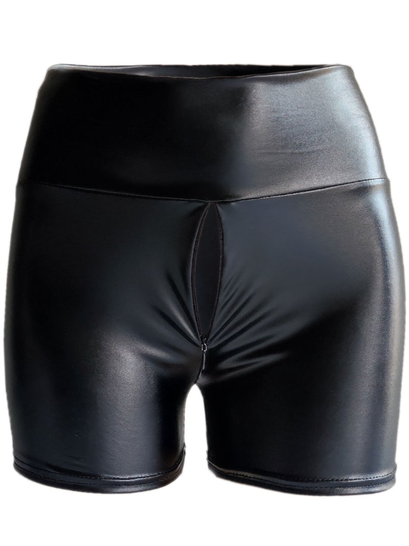 Leather Shorts Invisible Zipper Crotch Patent