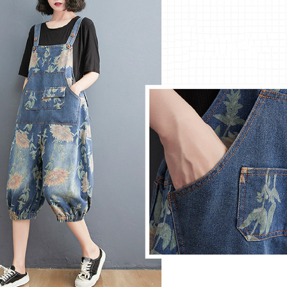Fashion Printed Denim Strap Pants