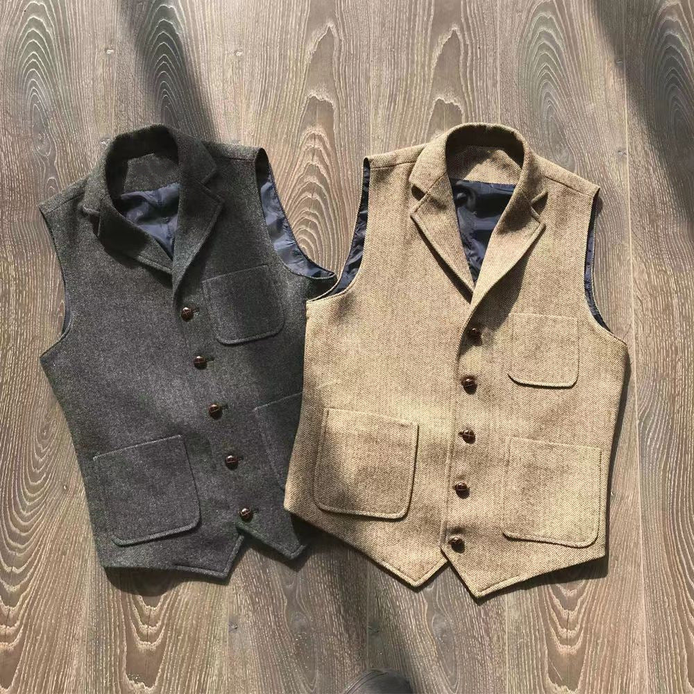 Mens Retro Khaki Hunting-Style Multi-Pocket Casual Vest