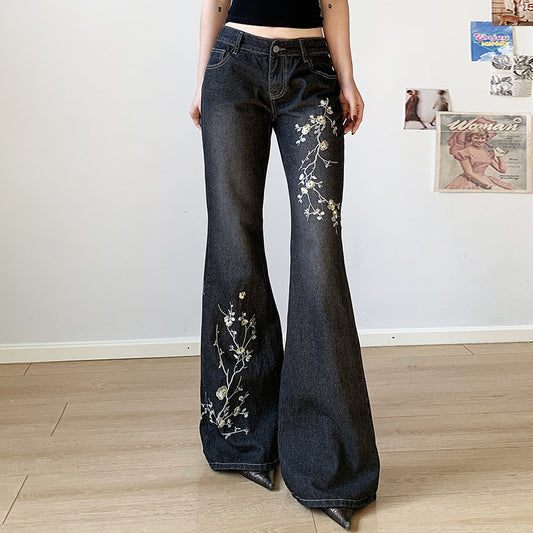 Ladies' Retro Slim Fit And Slimming Plant Embroidery Low Waisted Jeans