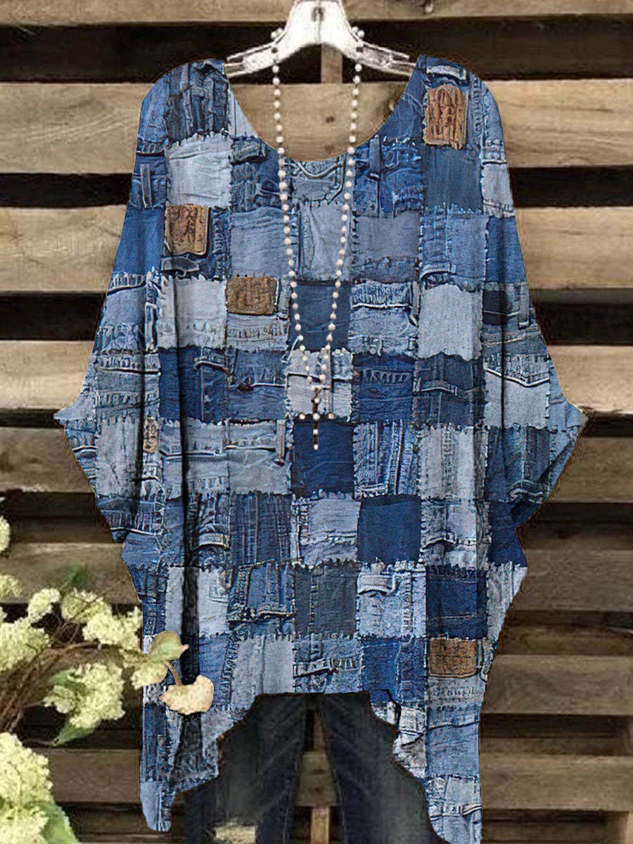 Ethnic-style Printed Loose-fitting Irregular Plus-size Batwing Top