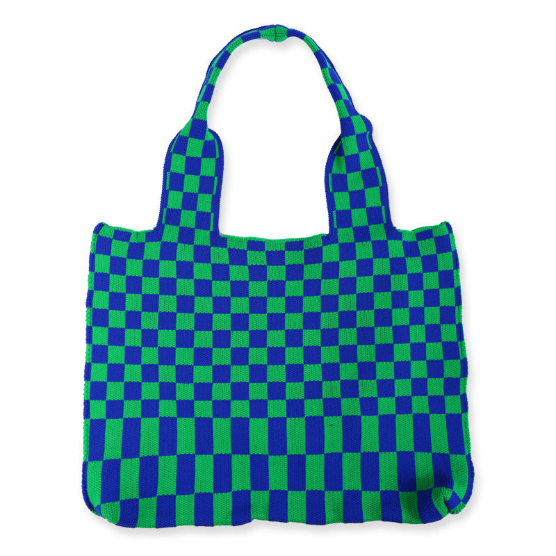 Women's Simple Checkerboard Shoulder Knitted Bag Large Capacity