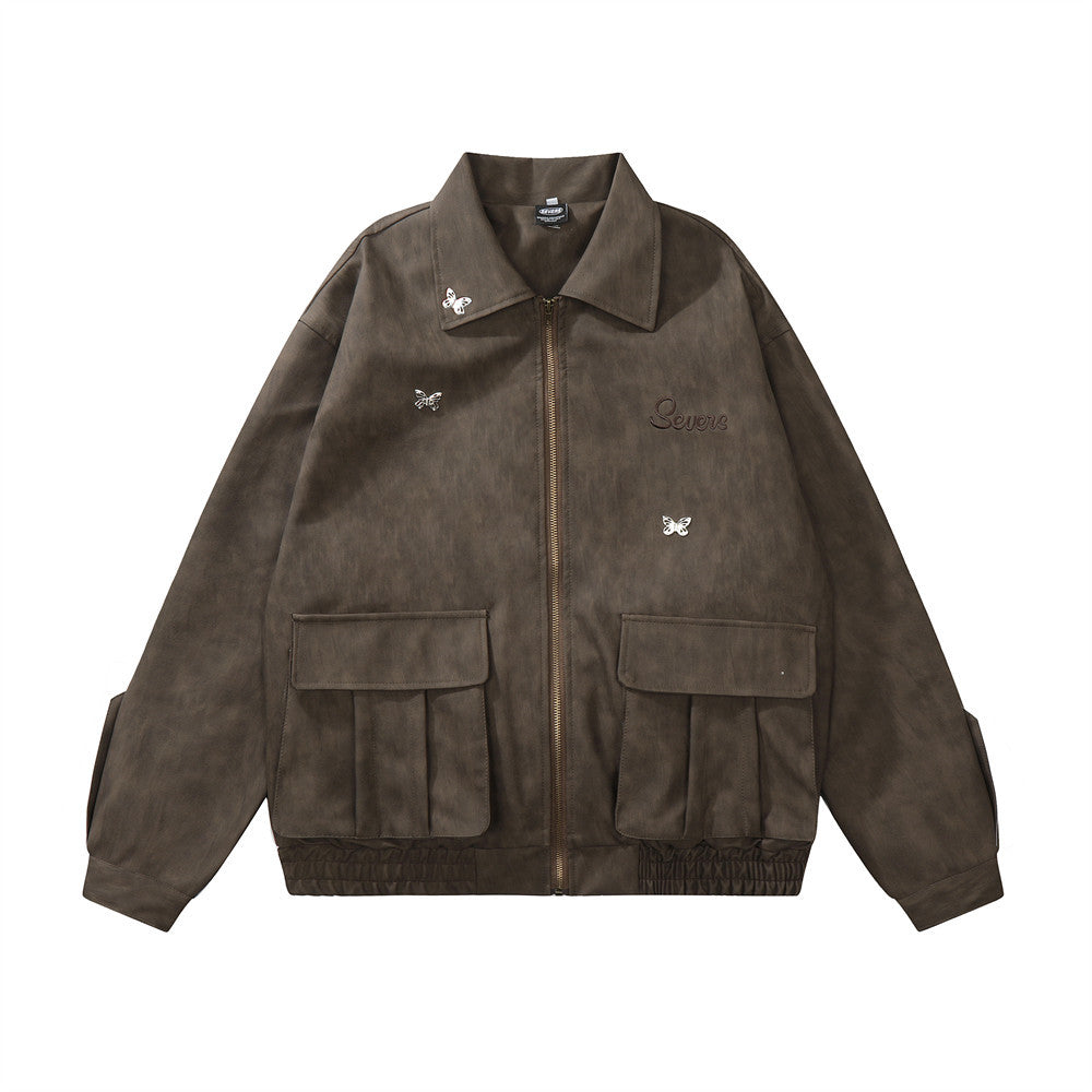 Three-dimensional Pocket Lapels PU Leather Jacket For Men