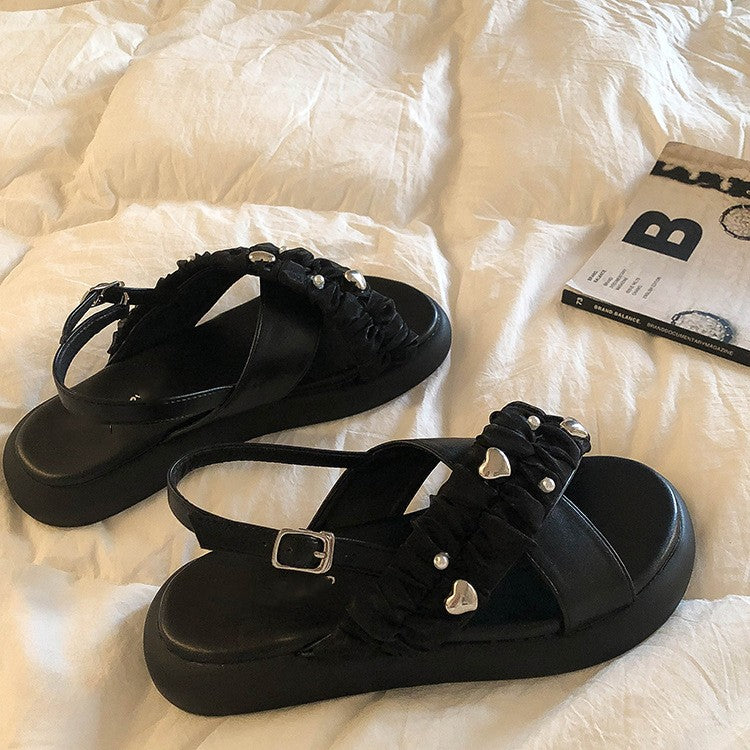 Flat French Black Thick Sole Roman Women's Sandals