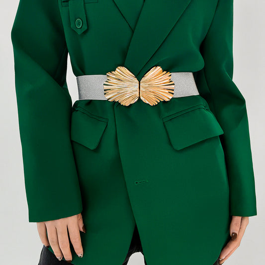 New Elasticated Belt With Pearlescent Fine Shine Elastic Metal Shell Buttonhead Fashion Street Photo Waist Accessories