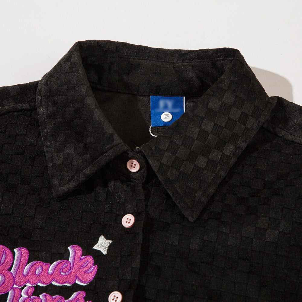 Embroidered Letter Chessboard Plaid Long Sleeve Shirt Coat