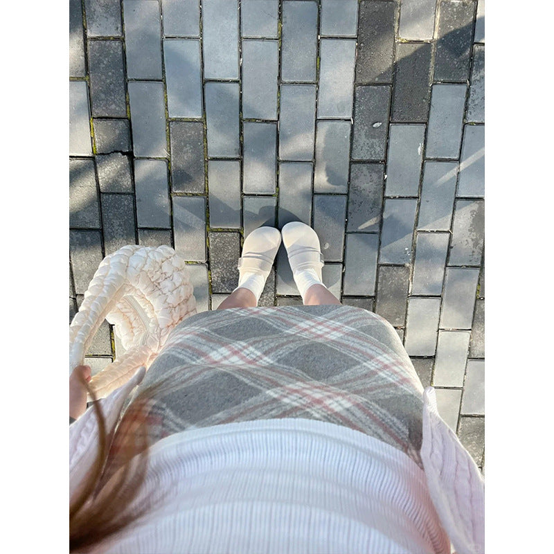 Womens High-Waisted Simple Wool Plaid Skirt