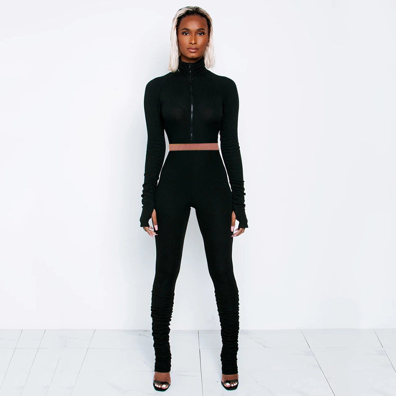 Fashion Casual Women's Pit Strip Pleated High-neck Two-piece Suit