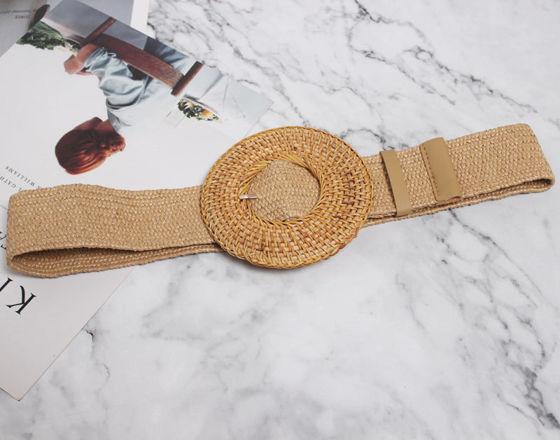Versatile Oversized Round Buckle Straw  Elastic Belt