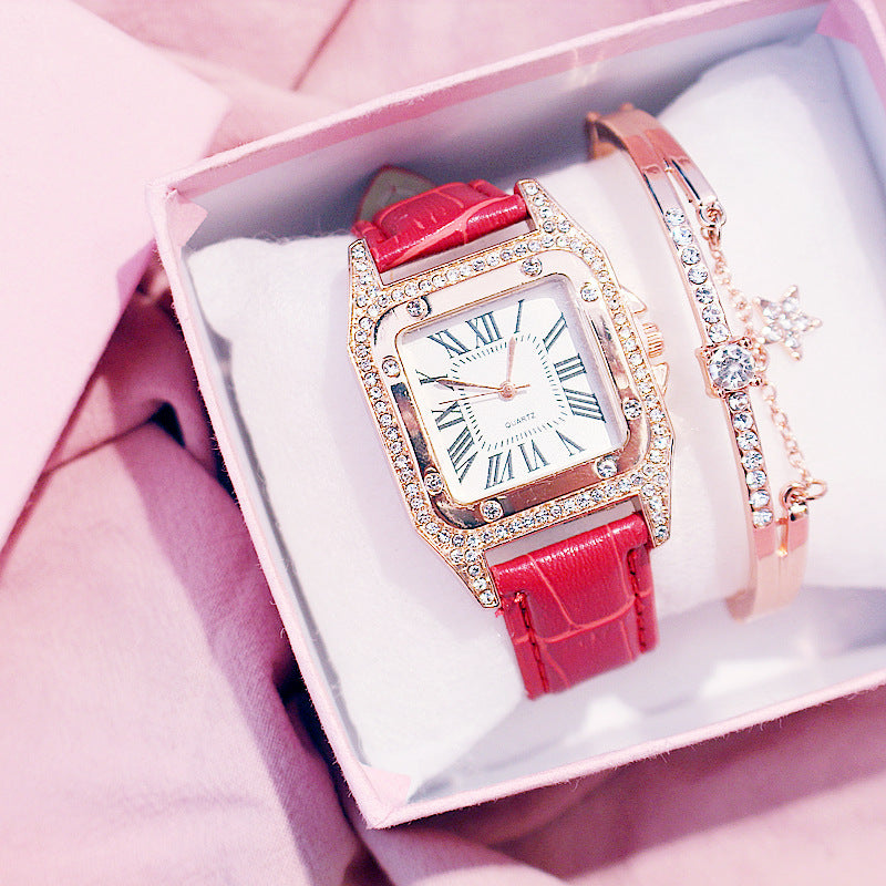 Square Dial Belt Quartz Watch + Star Bracelet