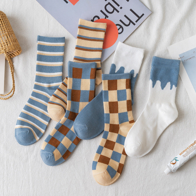 Blue British Check Stripe Women's Cotton Socks