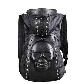 Men's Black Leather 3D Rivet Backpack With Hood Cap