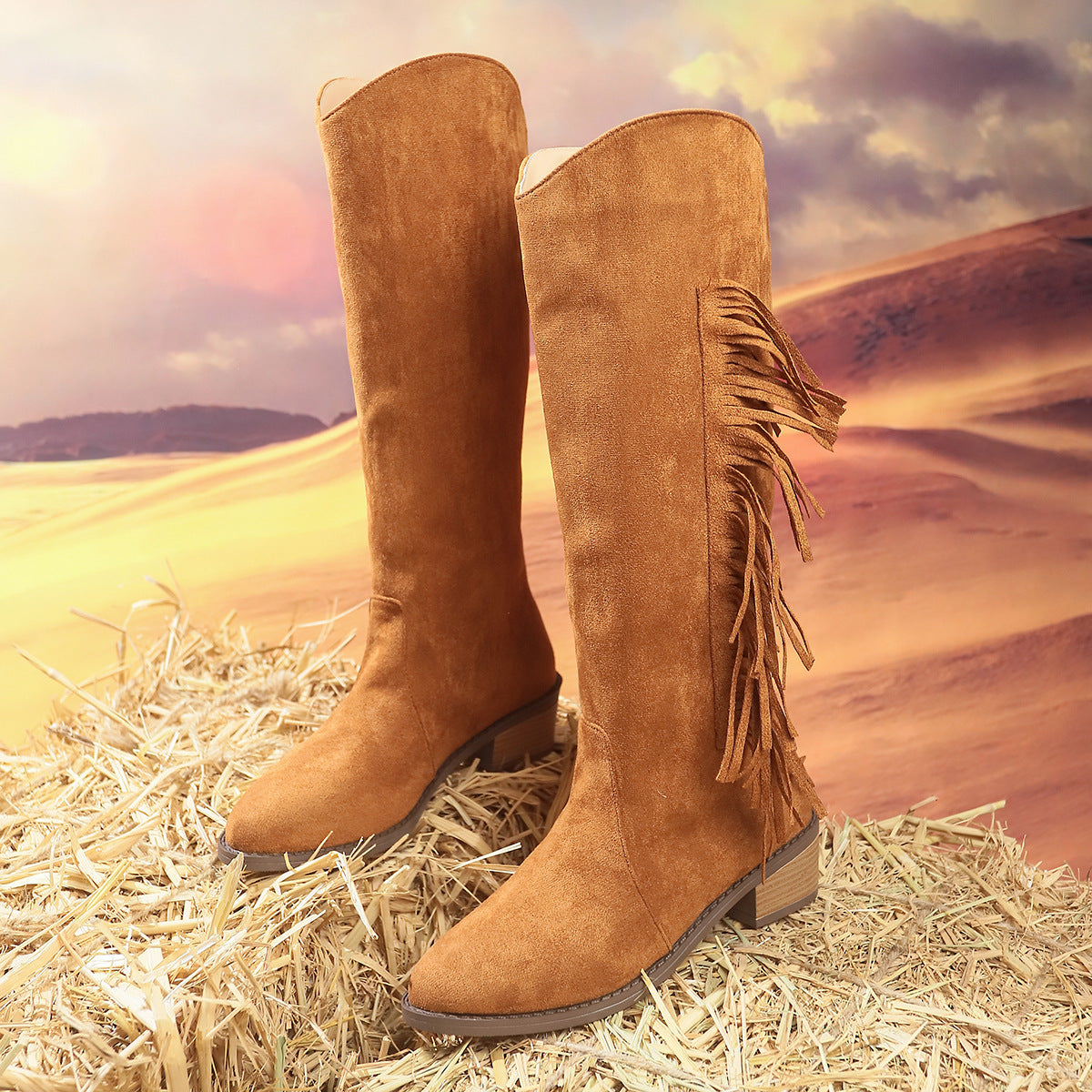 Women's Pointed-Toe Low-Heel Comfortable All-Match Plus-Size Thigh-High Fringe Boots