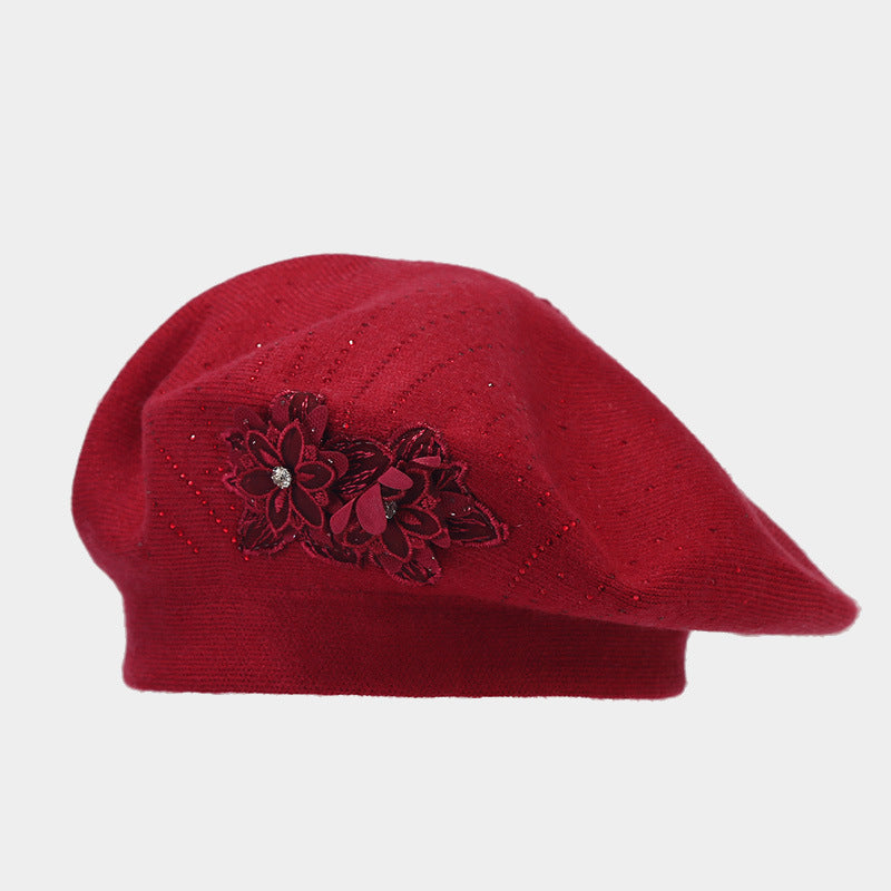 British Retro Beret Women's Fashion Flower Rhinestone Knitted Painting