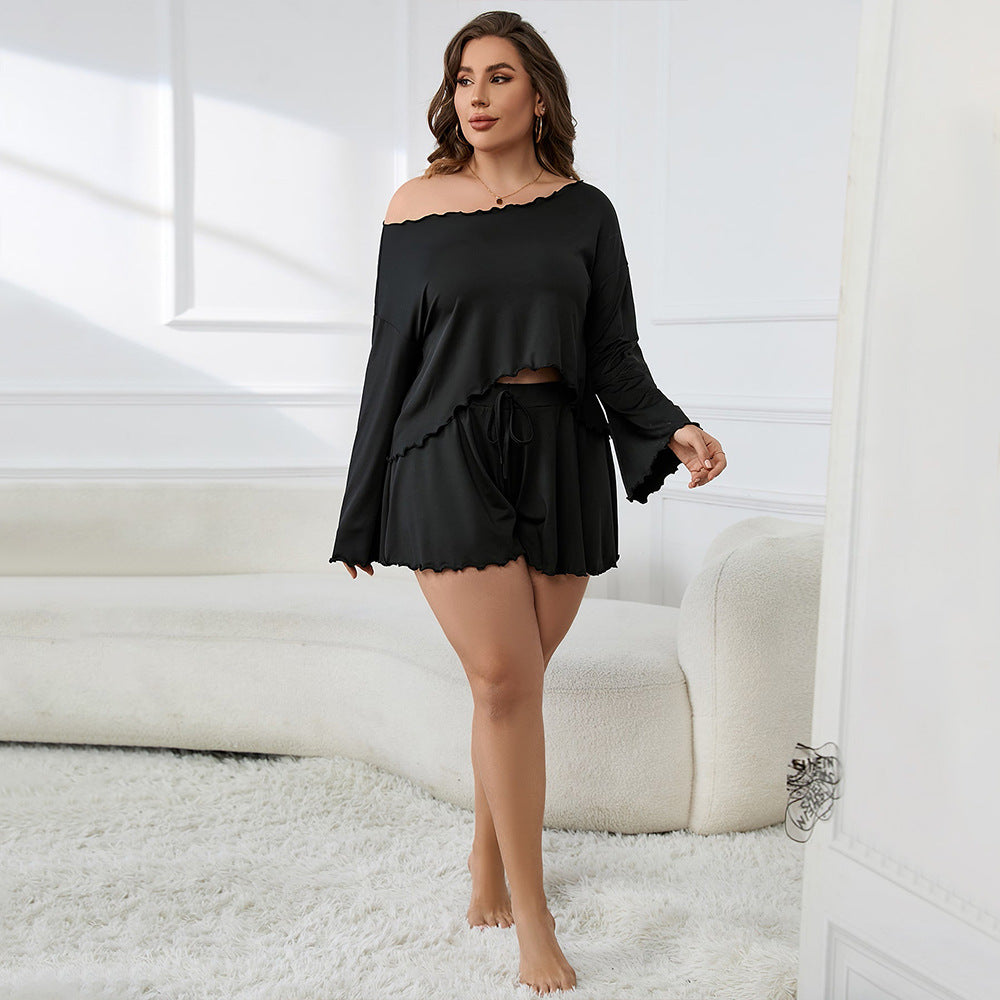 Enkelt design Loungewear-sæt i store størrelser med langærmet top med flæsekant og cropped bukser til sommer