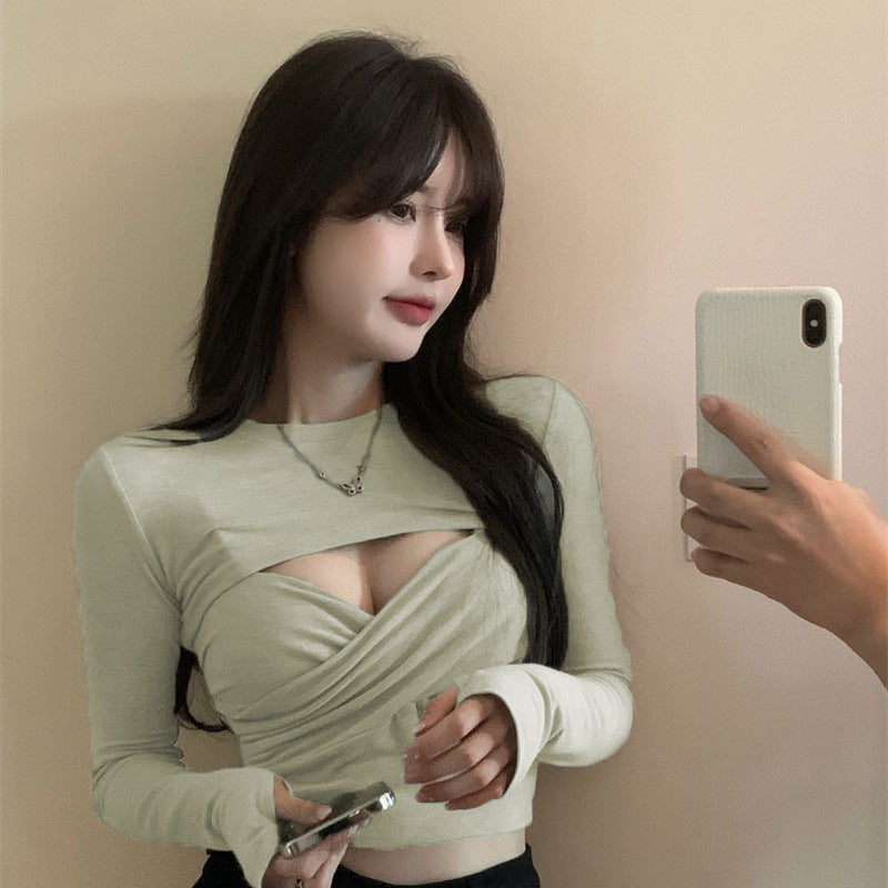 Sexy Pure Desire Style Sling Design Sense Sneaky Design Hot Girl Long Sleeve T-shirt