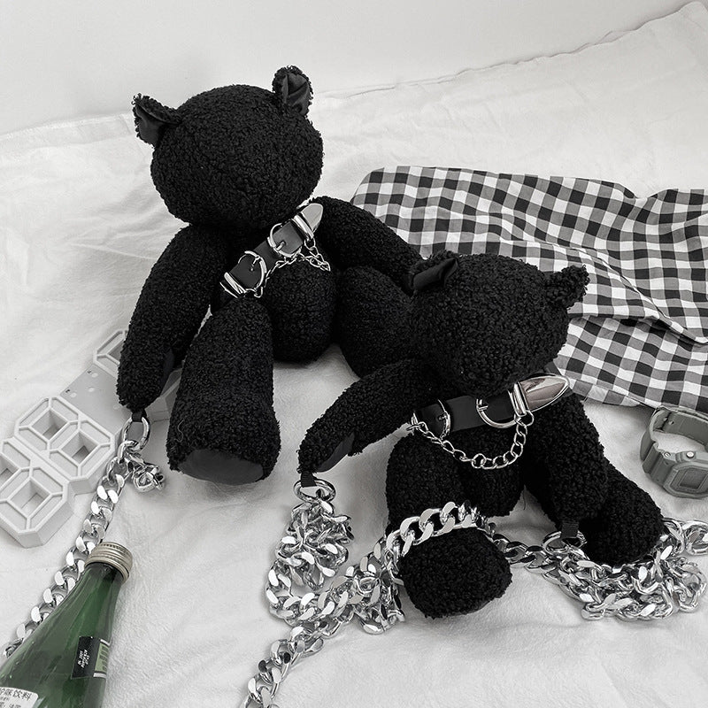 Cute Dark One-eyed Bear Mink Plush Chain Messenger Bag